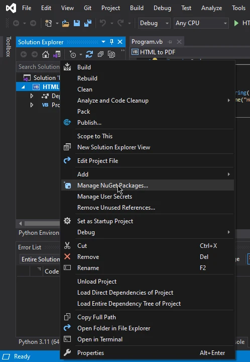 How to Convert PDF to PNG in .NET, Figure 4: The NuGet Package Manager dropdown from the Tools bar in Visual Studio