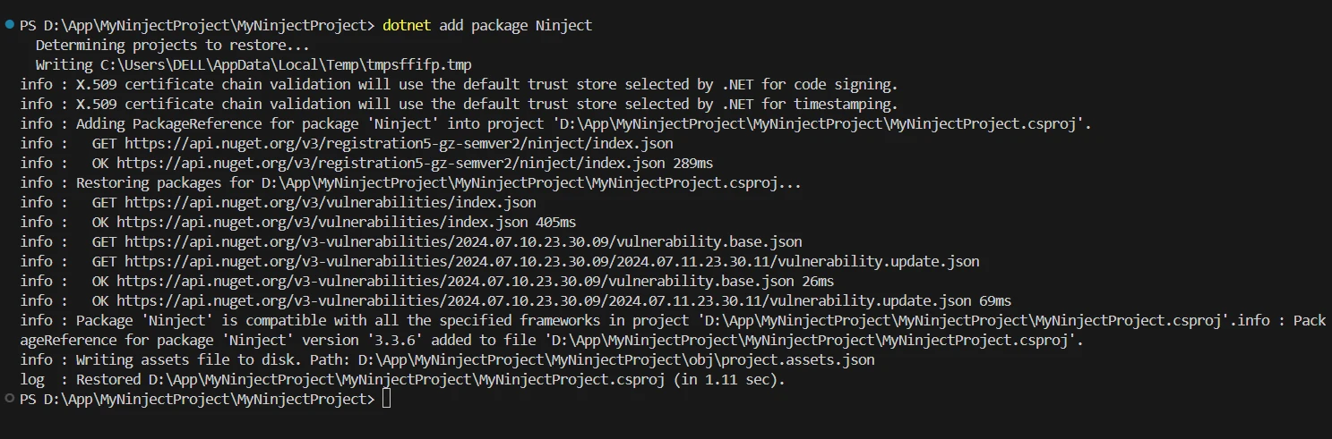 Ninject .NET Core (How It Works For Developers): Figure 3 - Install Ninject package using the command: .NET add Ninject