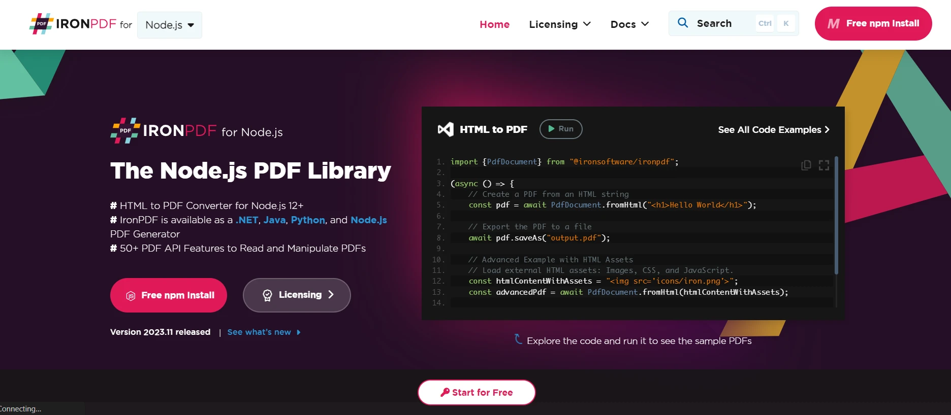 How to Edit A PDF File in Node.js: Figure 1 - IronPDF for Node.js: The Node.js PDF library