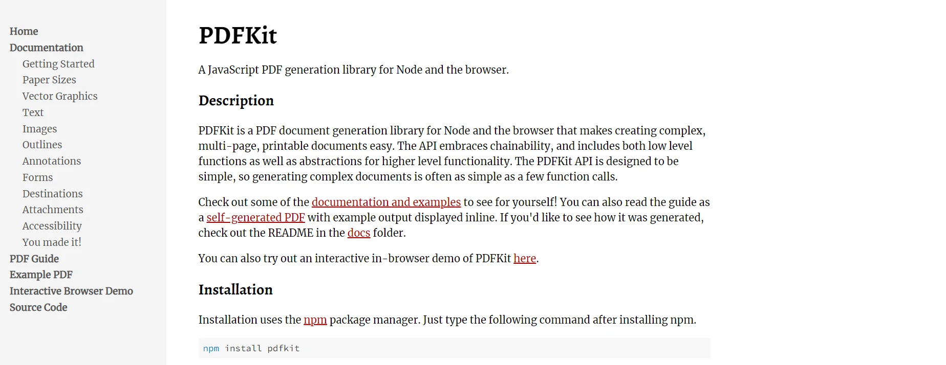 Node.js PDF Library Comparison (Free & Paid Tools): Figure 3 - PDFKit webpage