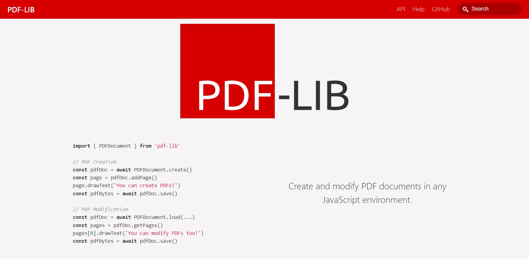 Node.js PDF Library Comparison (Free & Paid Tools): Figure 4 - PDF-LIB webpage