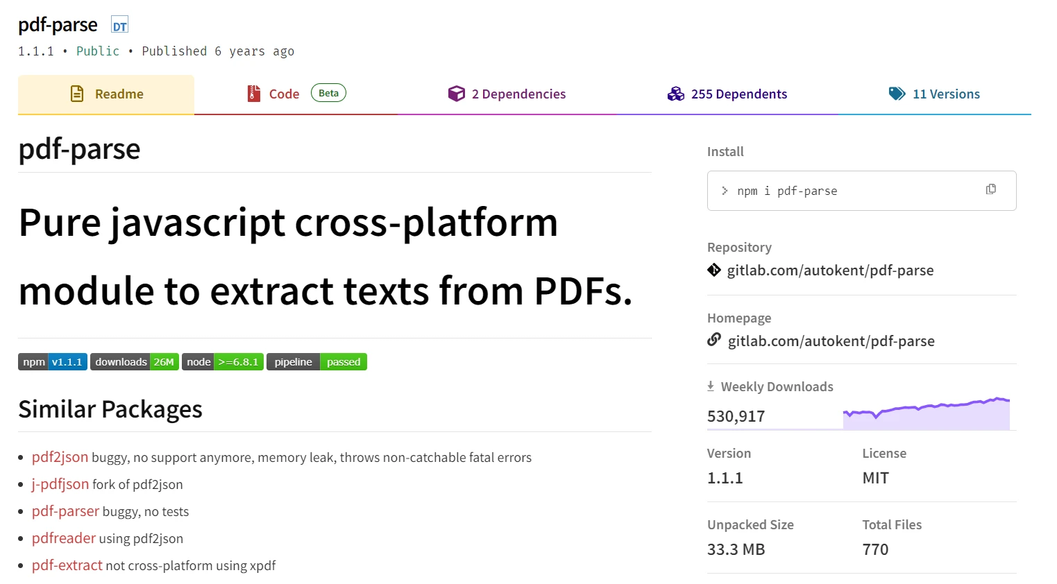 Node.js PDF Library Comparison (Free & Paid Tools): Figure 5 - pdf-parse webpage