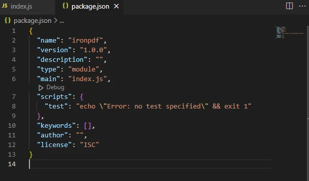 Node PDF SDK (Developer Tutorial), Figure 4: Sample image of package.json file