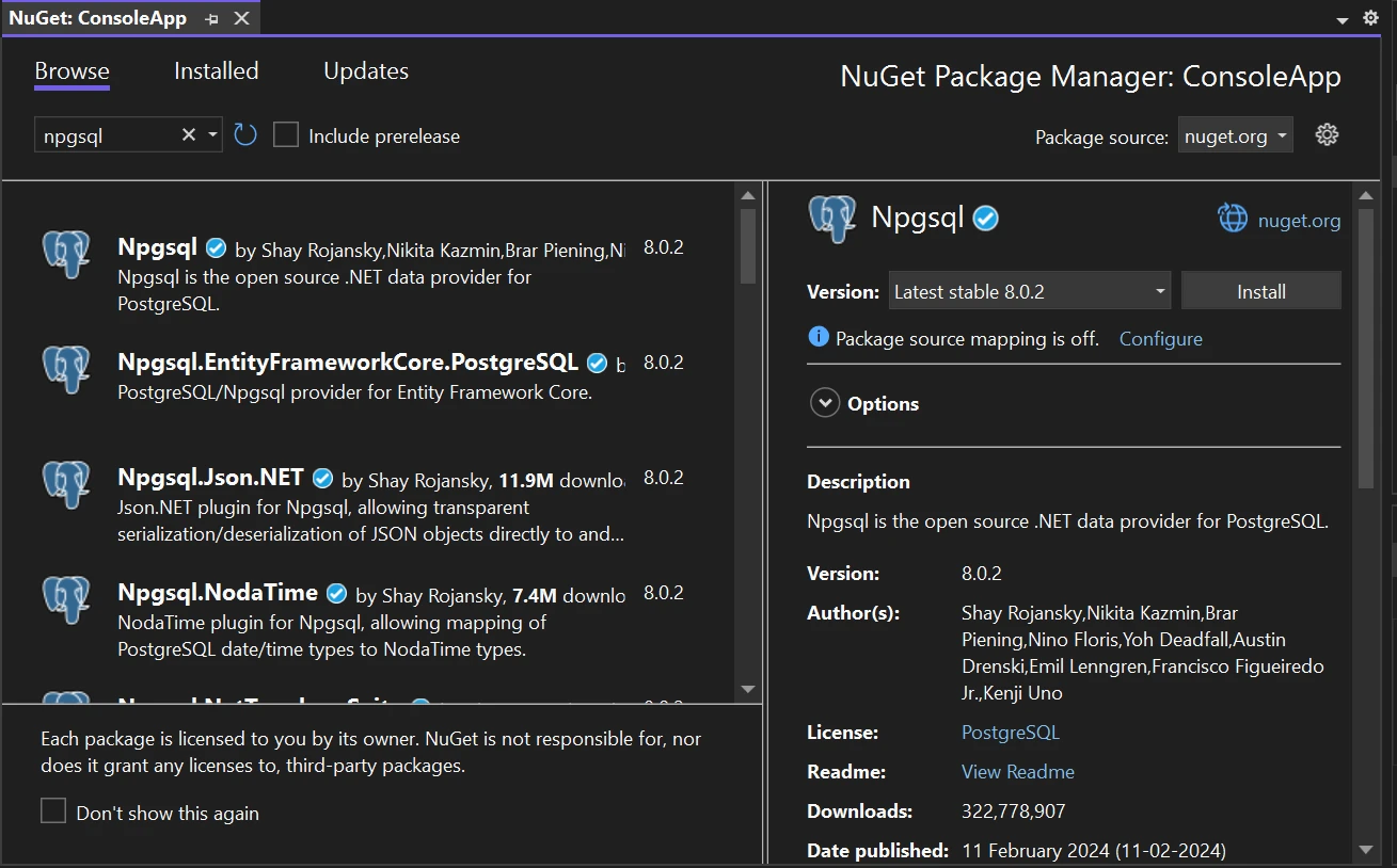 Npgsql C# (How It Works For Developers): Figure 1 - Install Npgsql using the Manage NuGet Package for Solution by searching "Npgsql" in the search bar of NuGet Package Manager, then select the project and click on the Install button.