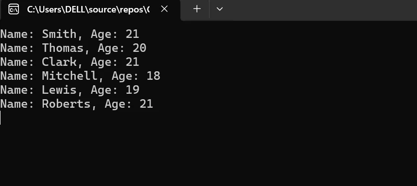 Npgsql C# (How It Works For Developers): Figure 2 - Console Output displaying the Name and Age from the PostgreSQL database using the Npgsql package in .NET project