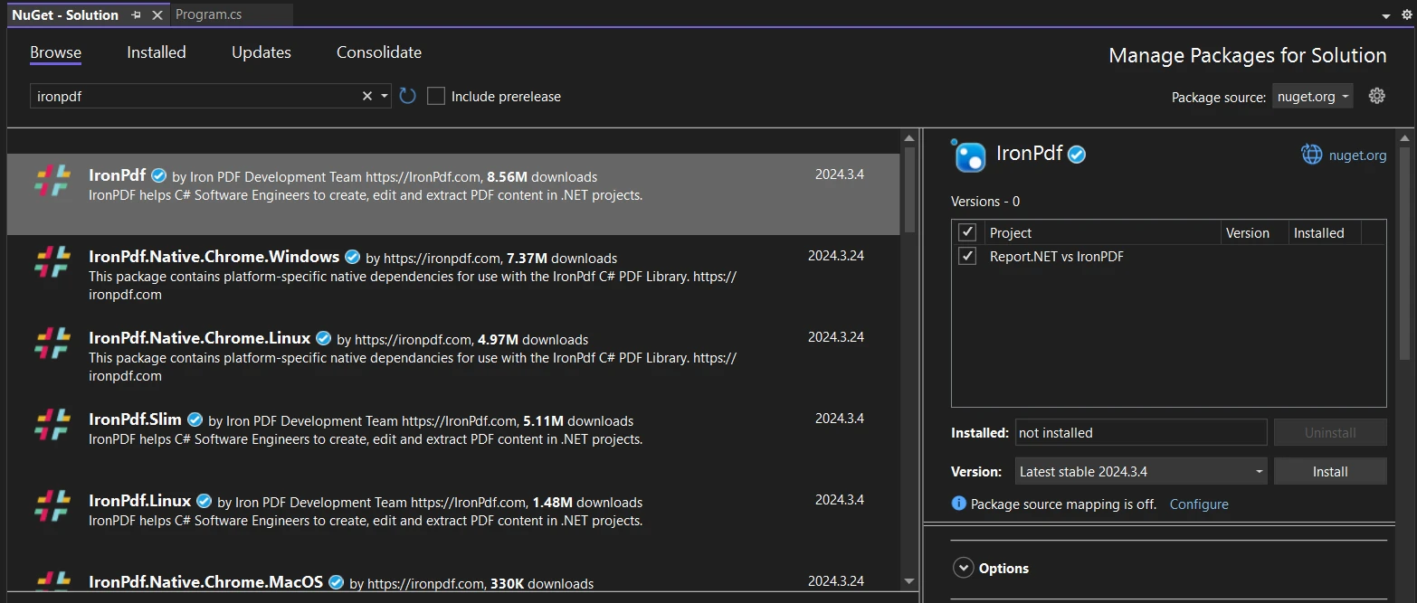 Npgsql C# (How It Works For Developers): Figure 3 - Install IronPDF using the Manage NuGet Package for Solution by searching "IronPdf" in the search bar of NuGet Package Manager, then select the project and click on the Install button.