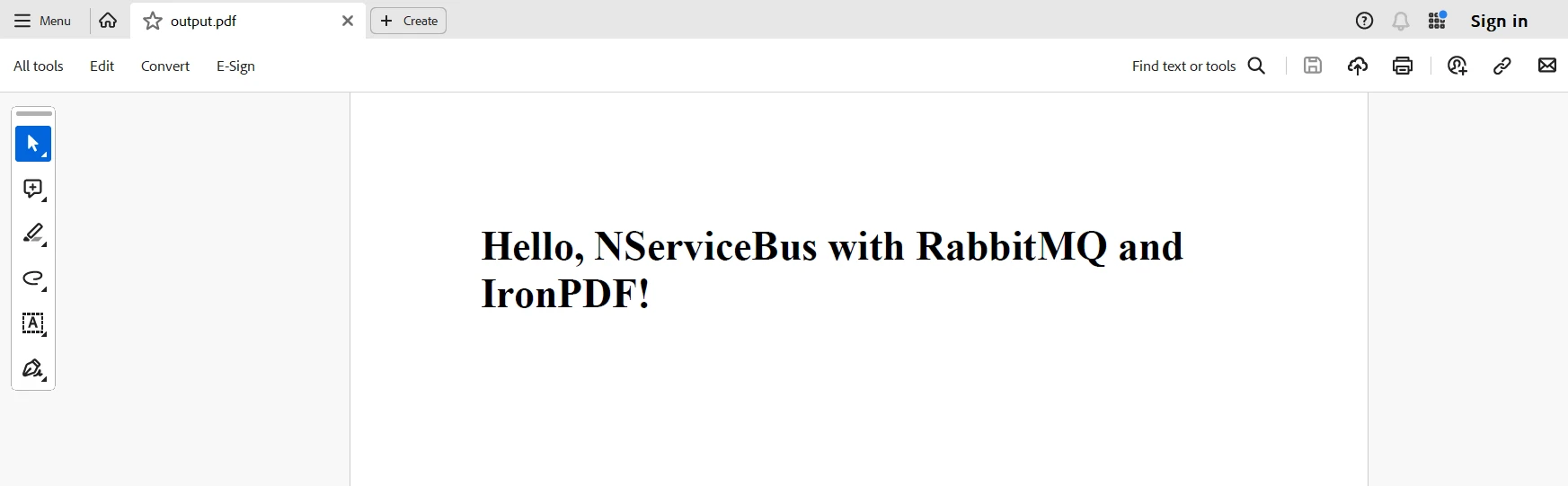 NServiceBus C# (How It Works For Developers): Figure 9 - PDF output from using NServiceBus with RabbitMQ along with IronPDf