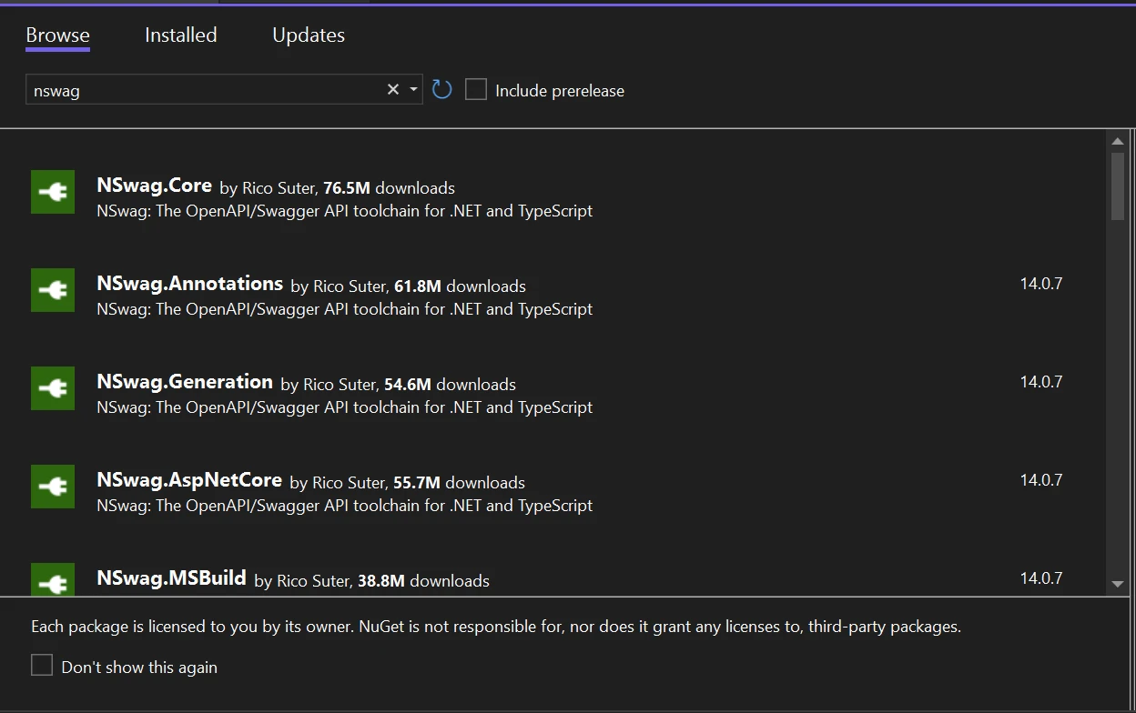 Nswag C# (How It Works For Developers): Figure 1 - Browse for Nswag in the Visual Studio Package Manager and installing it