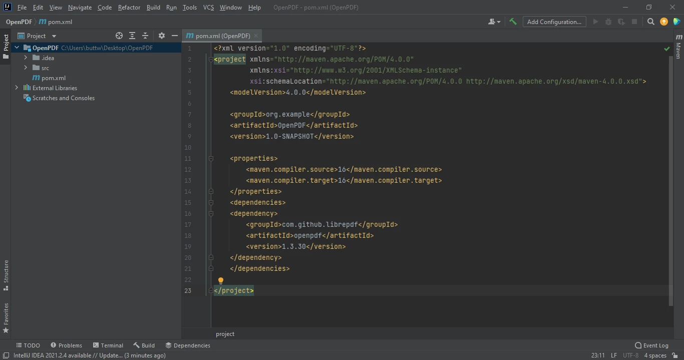 A Comparison Between IronPDF for Java and OpenPDF for Java - Figure 8: JetBrains IDE window with pom.xml opened