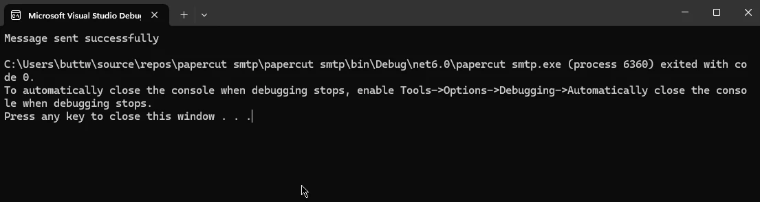 Papercut SMTP C# (How It Works For Developers): Figure 1 - Papercut SMTP C# Console Output: Message sent successfully.