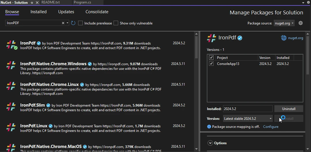 Papercut SMTP C# (How It Works For Developers): Figure 2 - Install IronPDF using the Manage NuGet Package for Solution by searching IronPDF in the search bar of NuGet Package Manager, then select the project and click on the Install button.