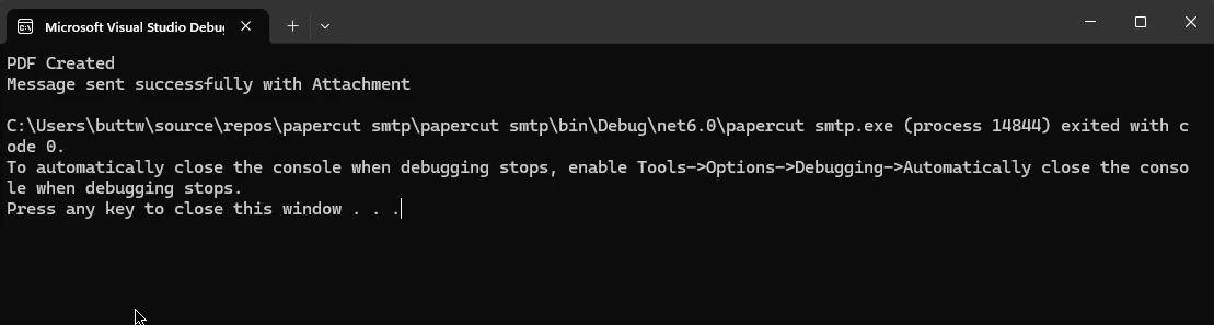 Papercut SMTP C# (How It Works For Developers): Figure 3 - Console Output: PDF Created. Message sent successfully with Attachment.