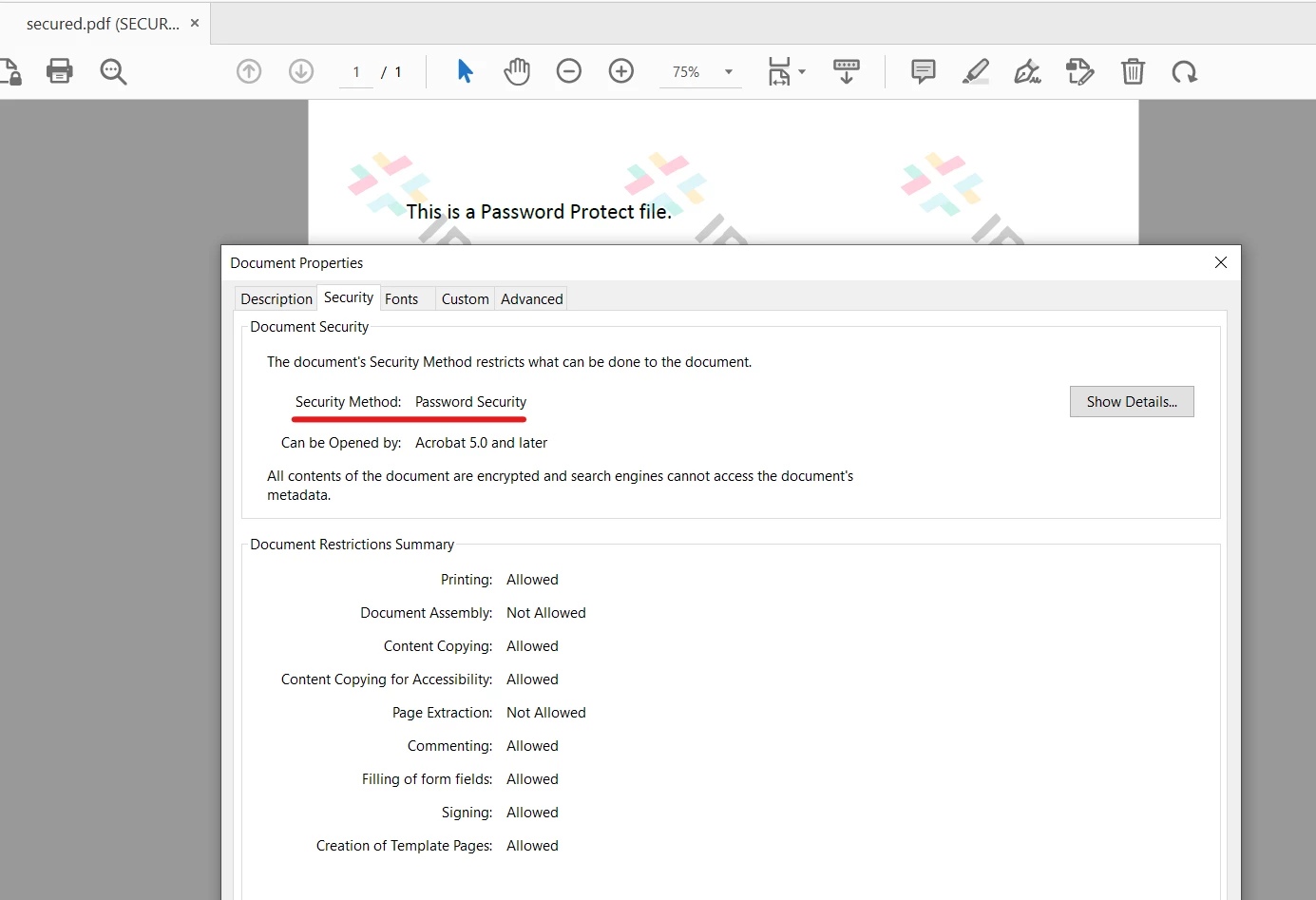 How to Password Protect PDF in Java, Figure 2: Newly-encrypted PDF Document