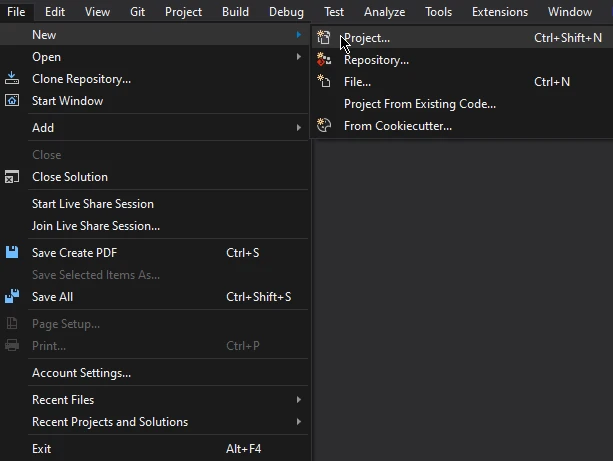 PDF Conversion in C# (Developer Tutorial), Figure 1: The Project dropdown in Visual Studio