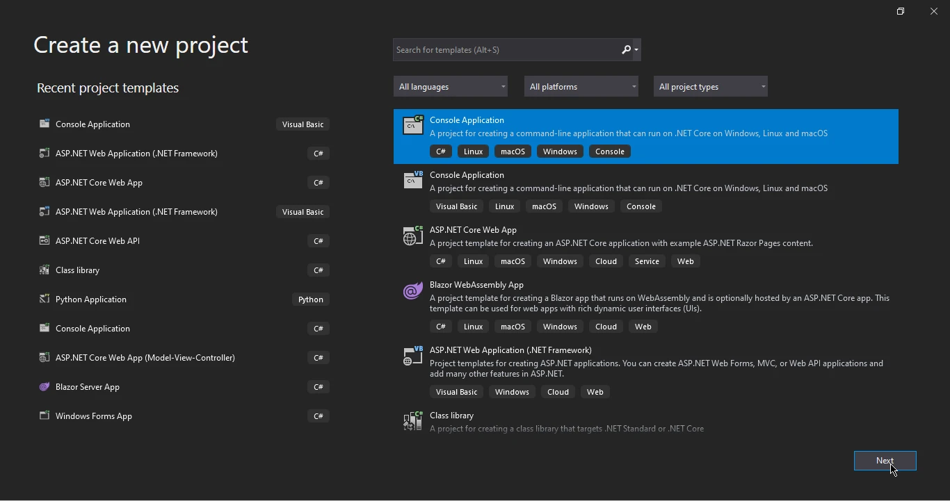 PDF Conversion in C# (Developer Tutorial), Figure 2: The Create a new project dialogue with Console Application selected