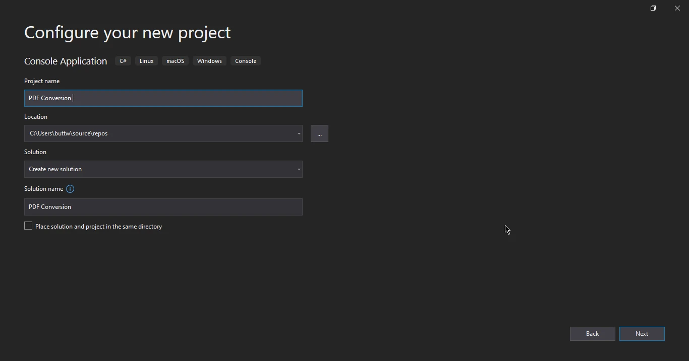 PDF Conversion in C# (Developer Tutorial), Figure 3: The Configure your new project dialogue, with PDF Conversion as the name