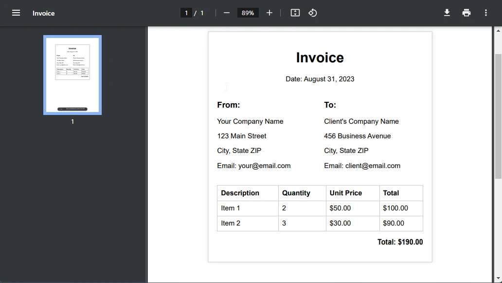 PDF Conversion in C# (Developer Tutorial), Figure 6: An invoice PDF with Invoice as the title, and various invoice related fields displayed