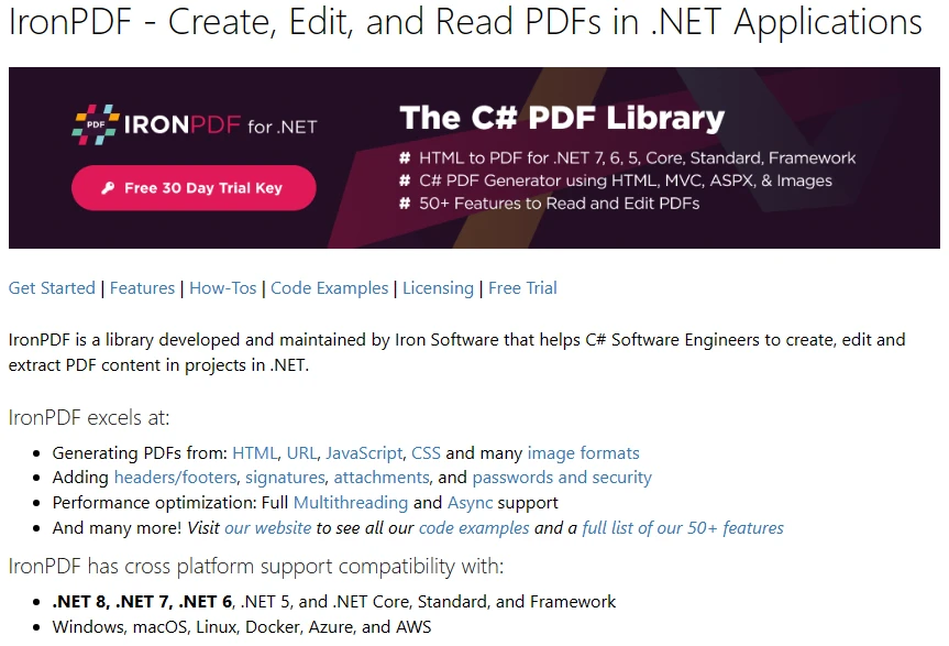 PDF Conversion in C# (Developer Tutorial), Figure 7: A screenshot of the IronPDF website, with a variety of text