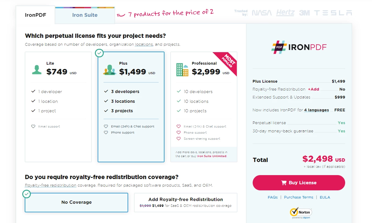 How to Parse a PDF Document in Node.js, Figure 3: Iron Software pricing