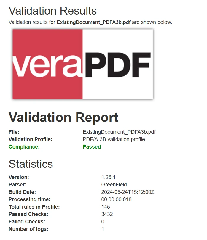 PDF/A Compliance (How It Works for Developers): Figure 3 - veraPDF Output