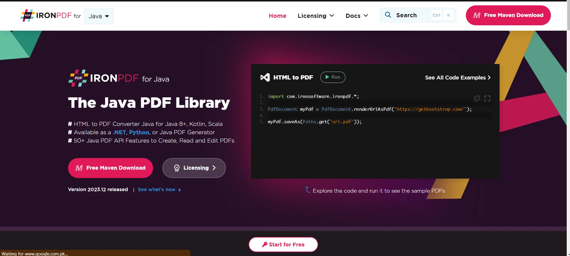 A Comparison Between IronPDF For Java & PDFium Java: Figure 1 - IronPDF for Java: The Java PDF Library. You can install IronPDF with Maven or download the JAR file it from the website.