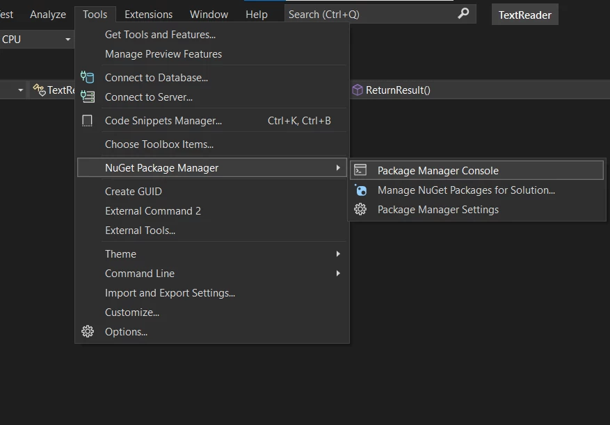 A Comparison between IronPDf and PDFium.NET, Figure 1: Accessing the NuGet Package Manager using the Tools Menu