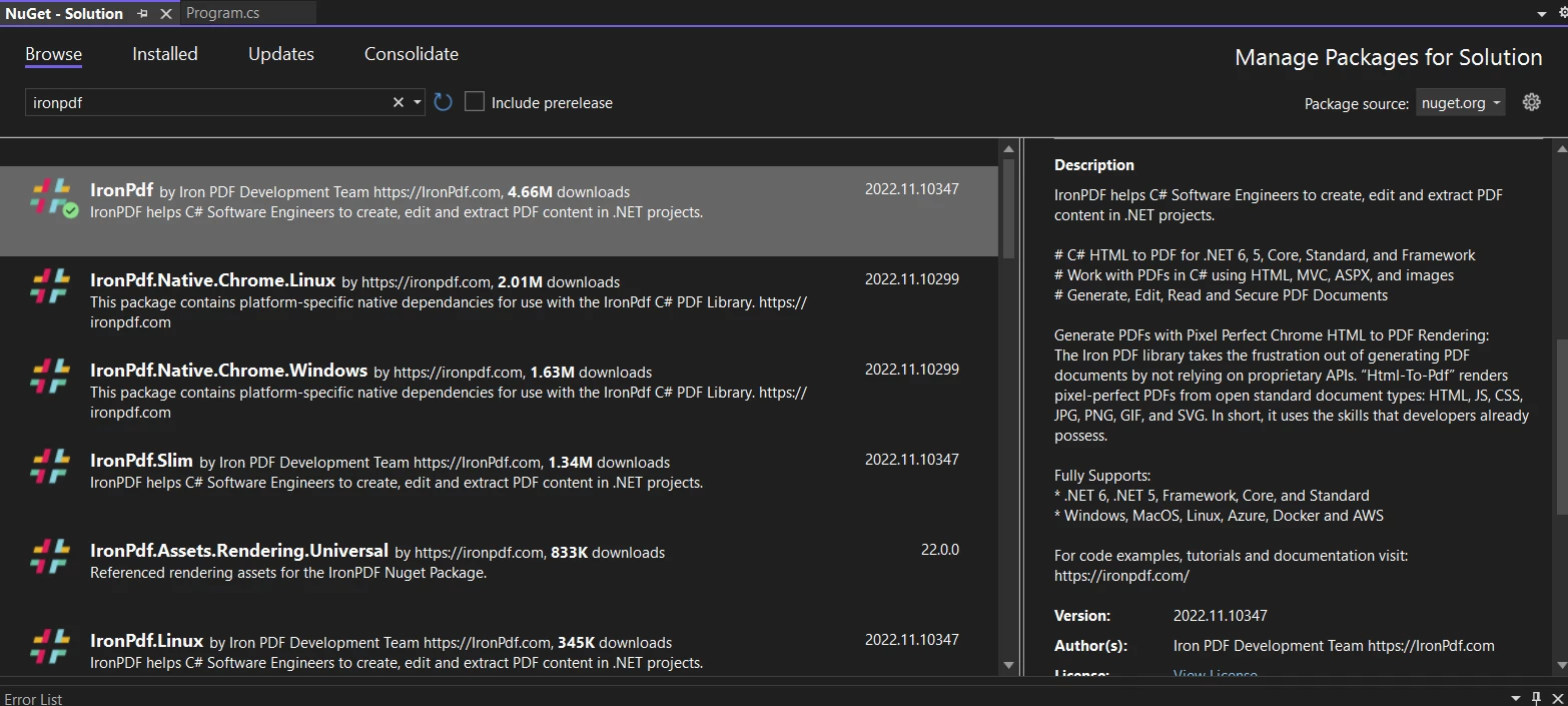 A Comparison between IronPDf and PDFium.NET, Figure 3: Installing the IronPDF library using the NuGet Package Manager