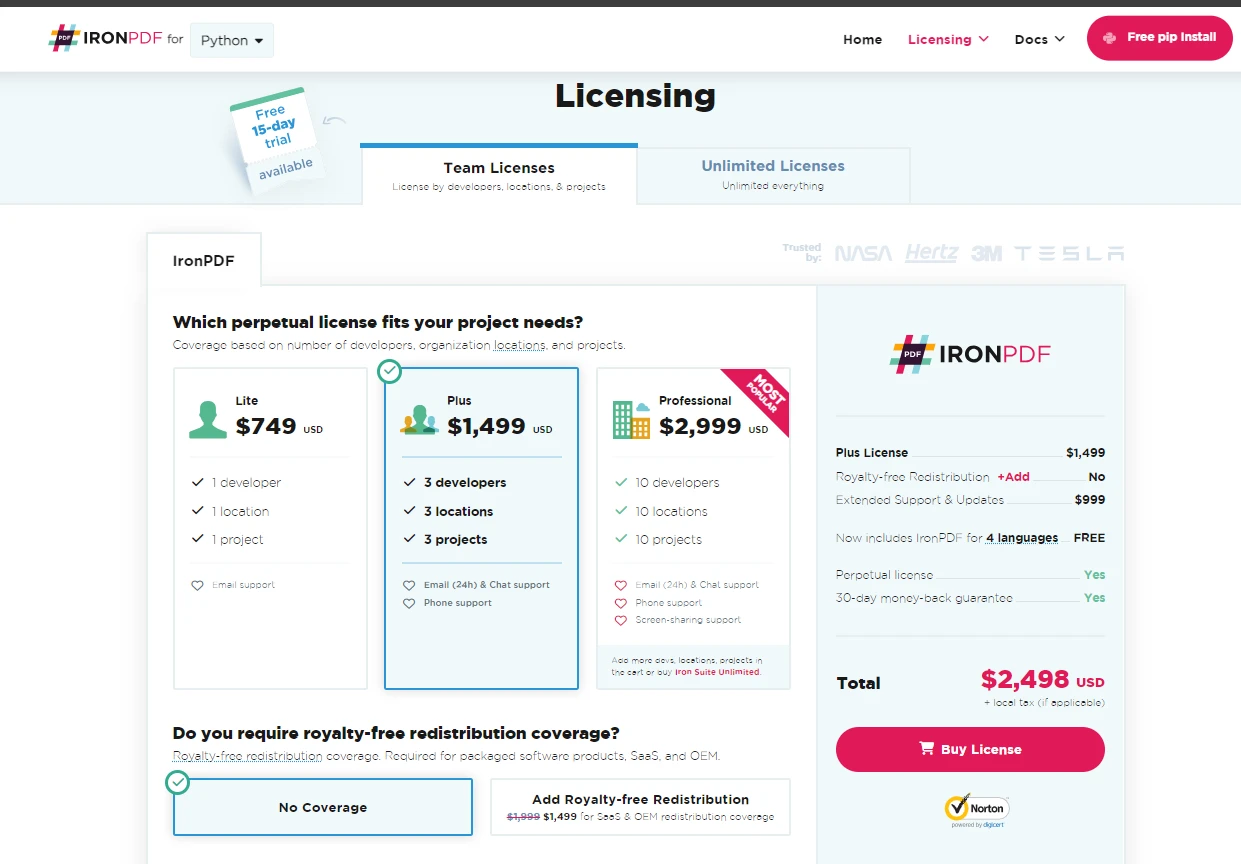 A Comparison Between IronPDF For Python & PDFium Python: Figure 5 - IronPDF Licensing