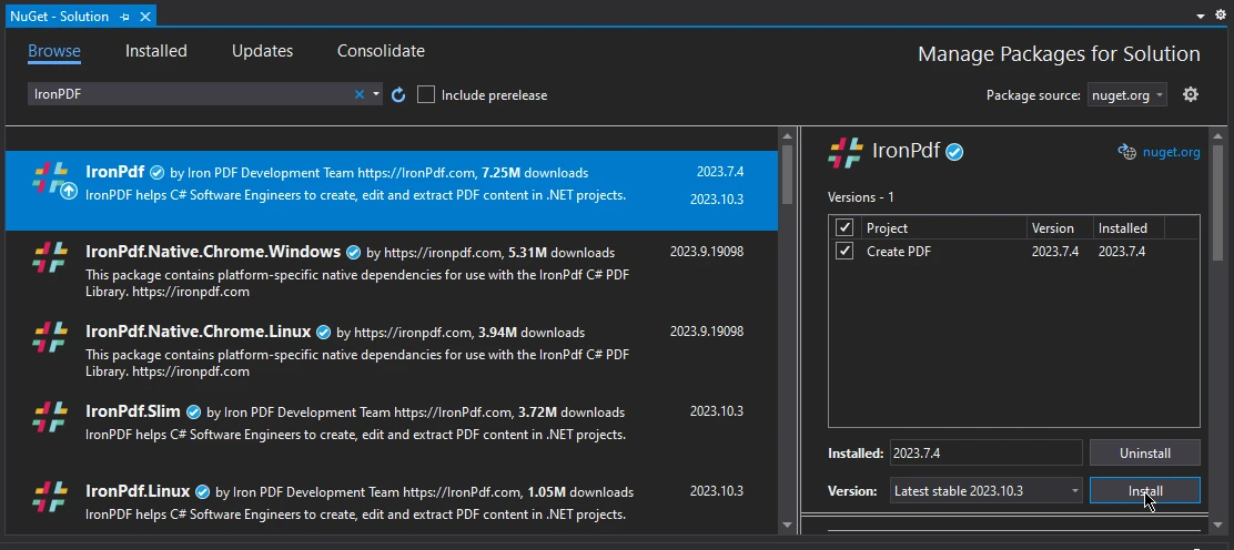 How to Read PDF Files in C#, Figure 6: Search and install the IronPdf package in NuGet Package Manager UI