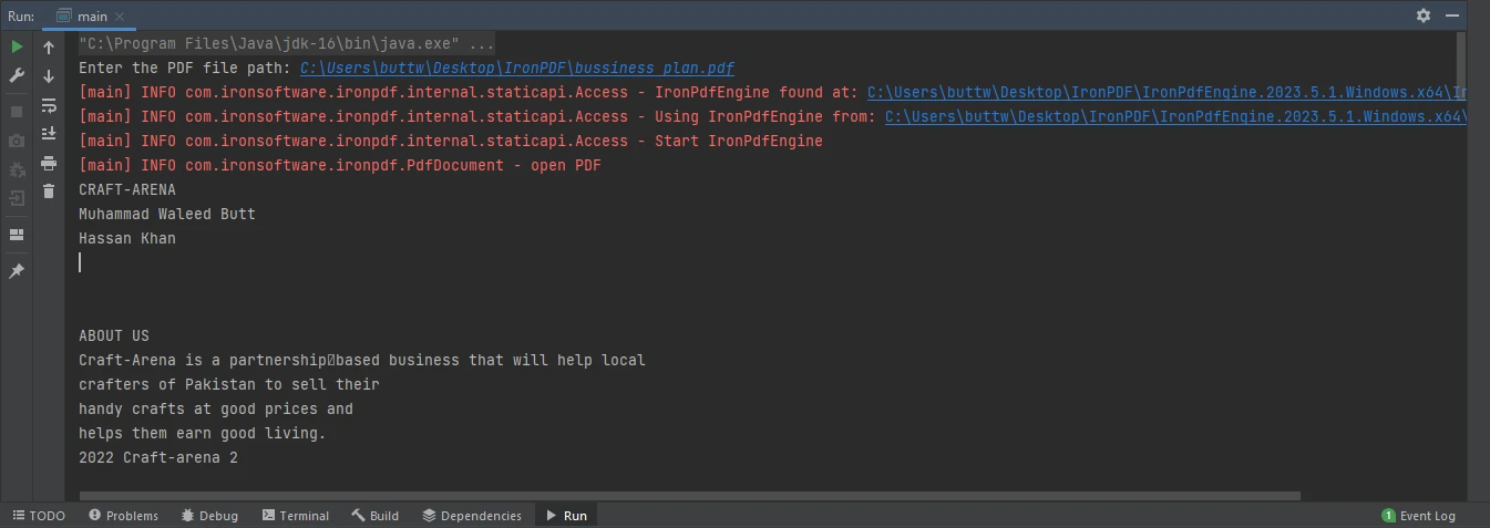 How to Create a PDF Reader in Java, Figure 3: The console content