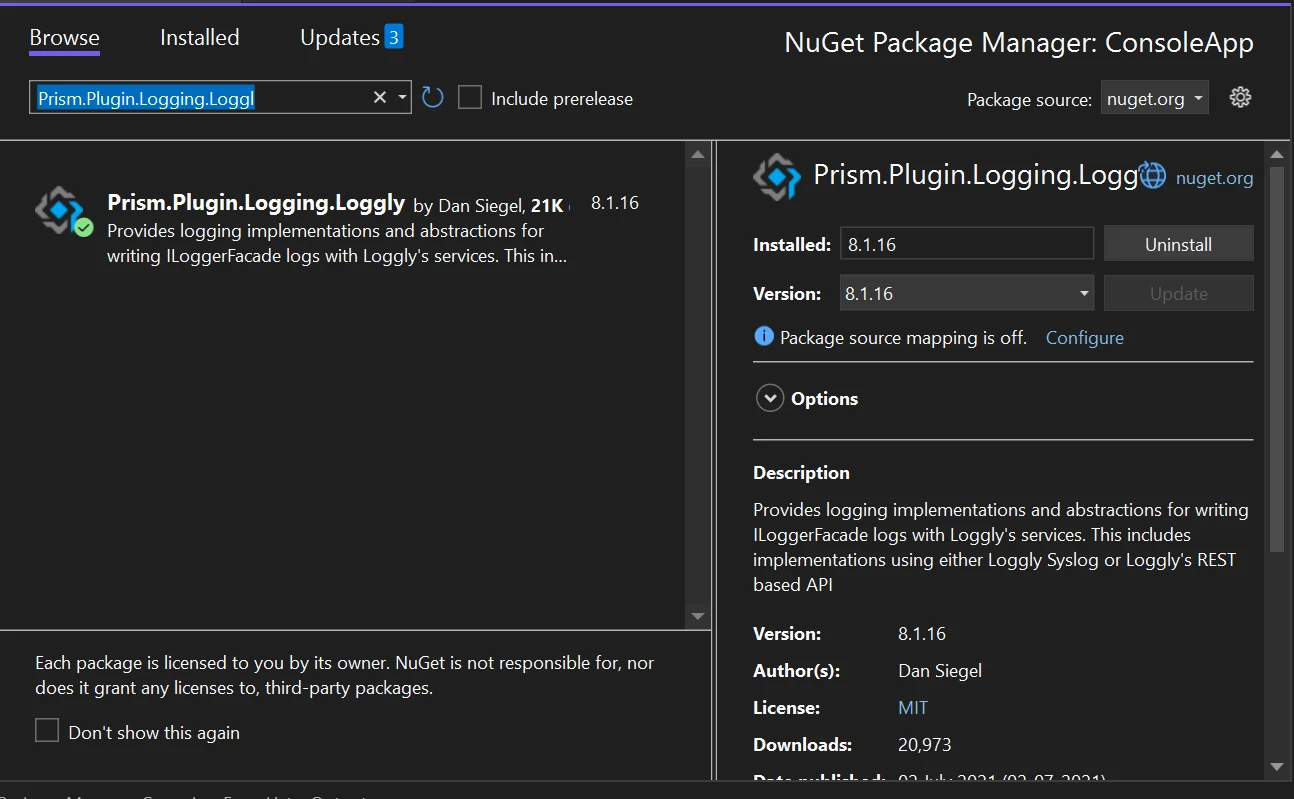 Prism Logging (How It Works For Developers): Figure 1 - Install Prism using the Manage NuGet Package for Solution by searching "Prism.Plugin.Logging.Loggly" in the search bar of NuGet Package Manager, then select the project and click on the Install button.