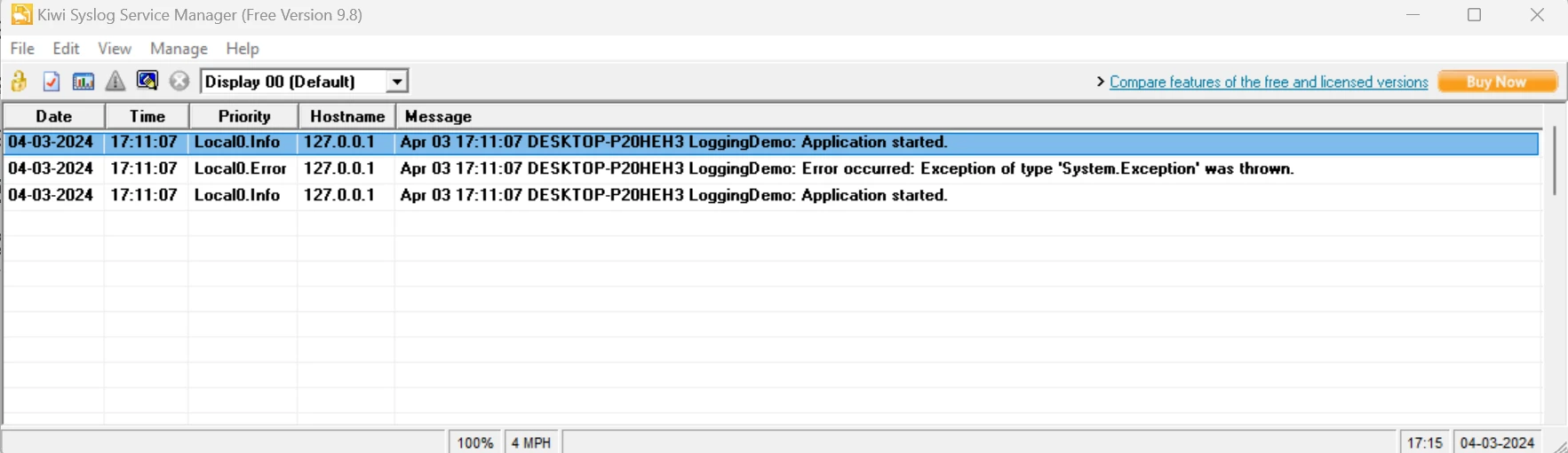 Prism Logging (How It Works For Developers): Figure 4 - Monitoring the generated Prism log reports using the Kiwi Syslog Service Manager tool.