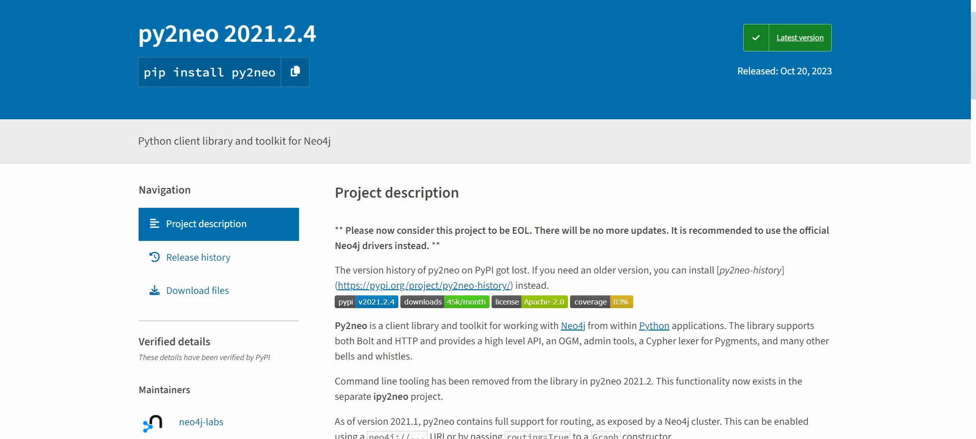 Py2neo (How It Works For Developers): Figure 1 - Py2neo package webpage