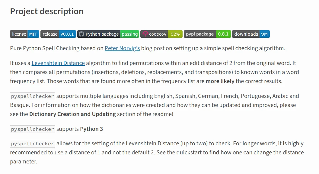 pyspellchecker Python (How It Works For Developers): Figure 1 - Description of the Pyspellchecker from the package install page