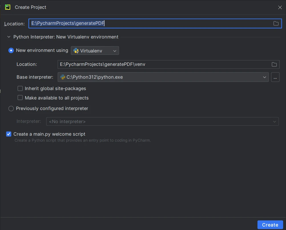 How to Create PDF Files with Text and Images in Python: Figure 2 - Open PyCharm IDE. Go to File Menu - click on New Project. Enter the name and location for your Python project. Next, select the Python interpreter under "Project Interpreter". Click on "Create" button to create the project. Once the Python project is created, open a new python file and use it to write code to generate PDF files using IronPDF.