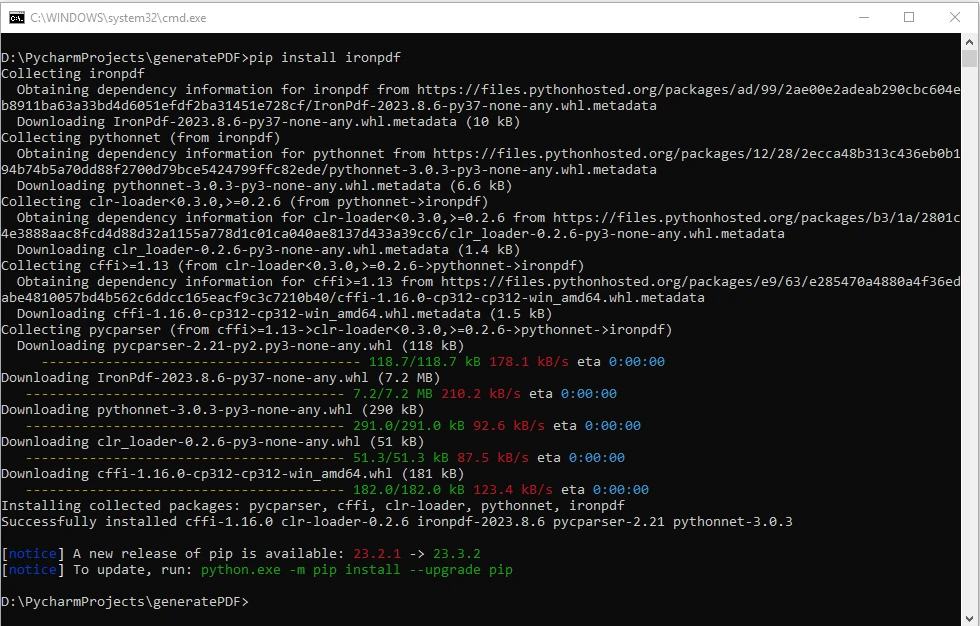 How to Create PDF Files with Text and Images in Python: Figure 3 - To install IronPDF, use the following command in your project's terminal or command prompt: pip install ironpdf