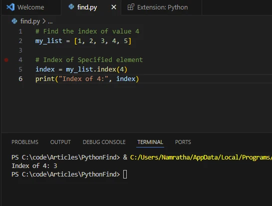 Python Find in Lists (How It Works For Developers): Figure 2 - index Method Output