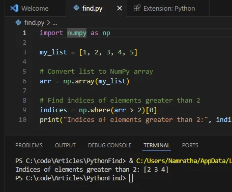 Python Find in Lists (How It Works For Developers): Figure 6 - Indices Output