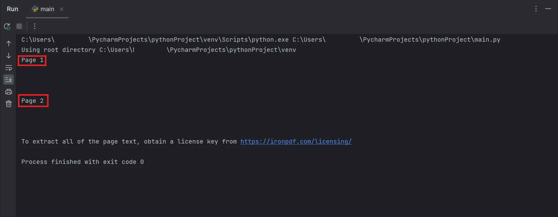 How to Parse A PDF File in Python, Figure 7: A screenshot of the terminal with text output Page 1, and Page 2