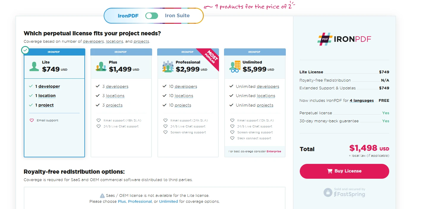 Python PDF Libraries Comparison (Free & Paid Tools): Figure 6 - IronPDF Licensing