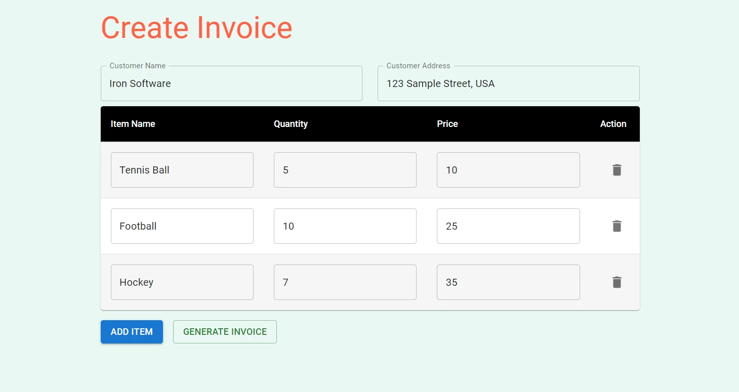 How to Create A PDF File in React - Figure 3: The application with three line items filled out, with varying items, quantities, and prices.