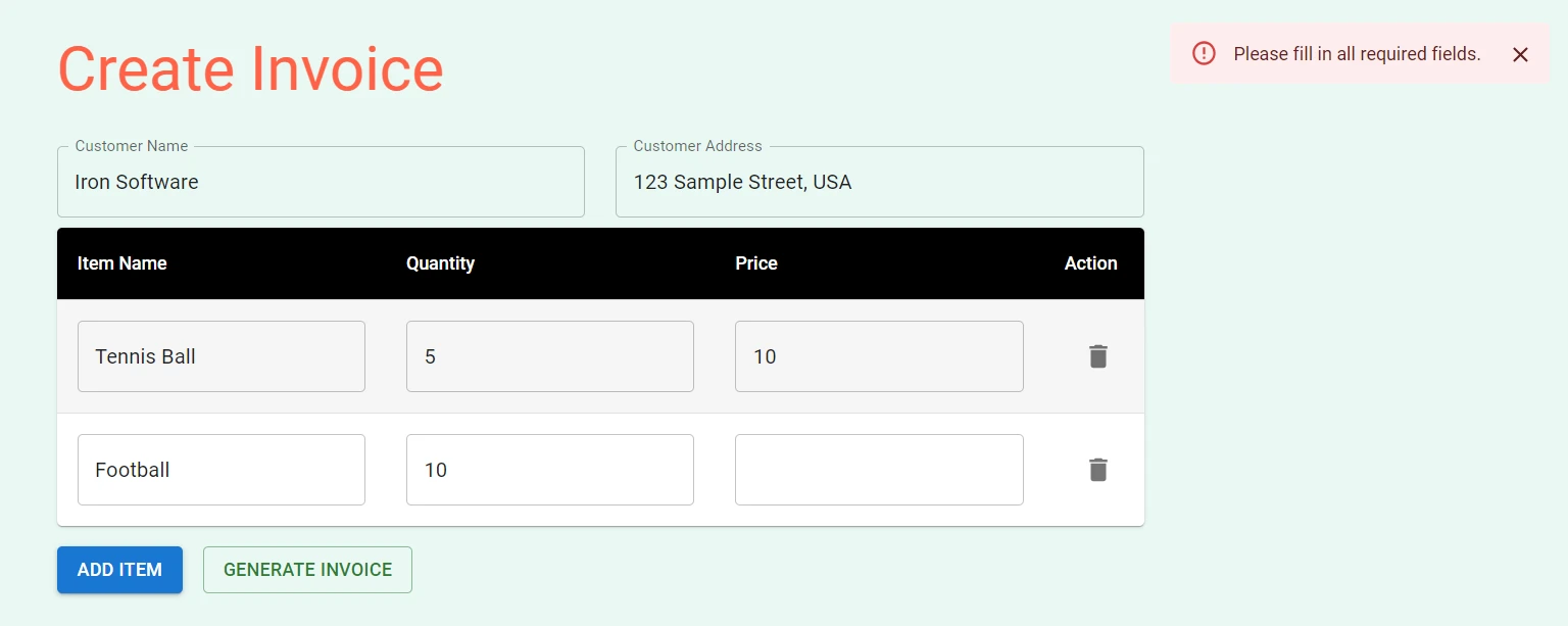 How to Create A PDF File in React - Figure 5: An error message is shown as not all fields have been filled.