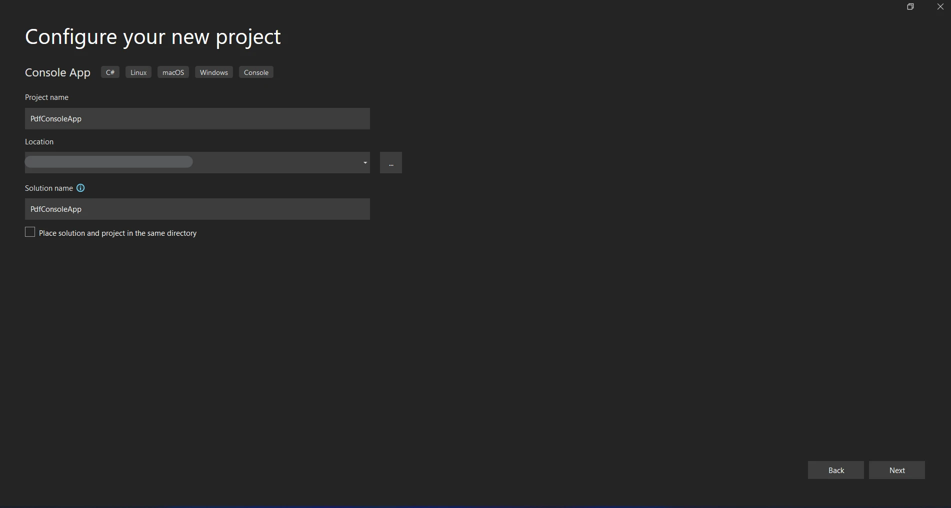 Refit C# (How It Works For Developers): Figure 3 - Configure your Console App by specifying Project name, Location and Solution Name. Then click on Next.