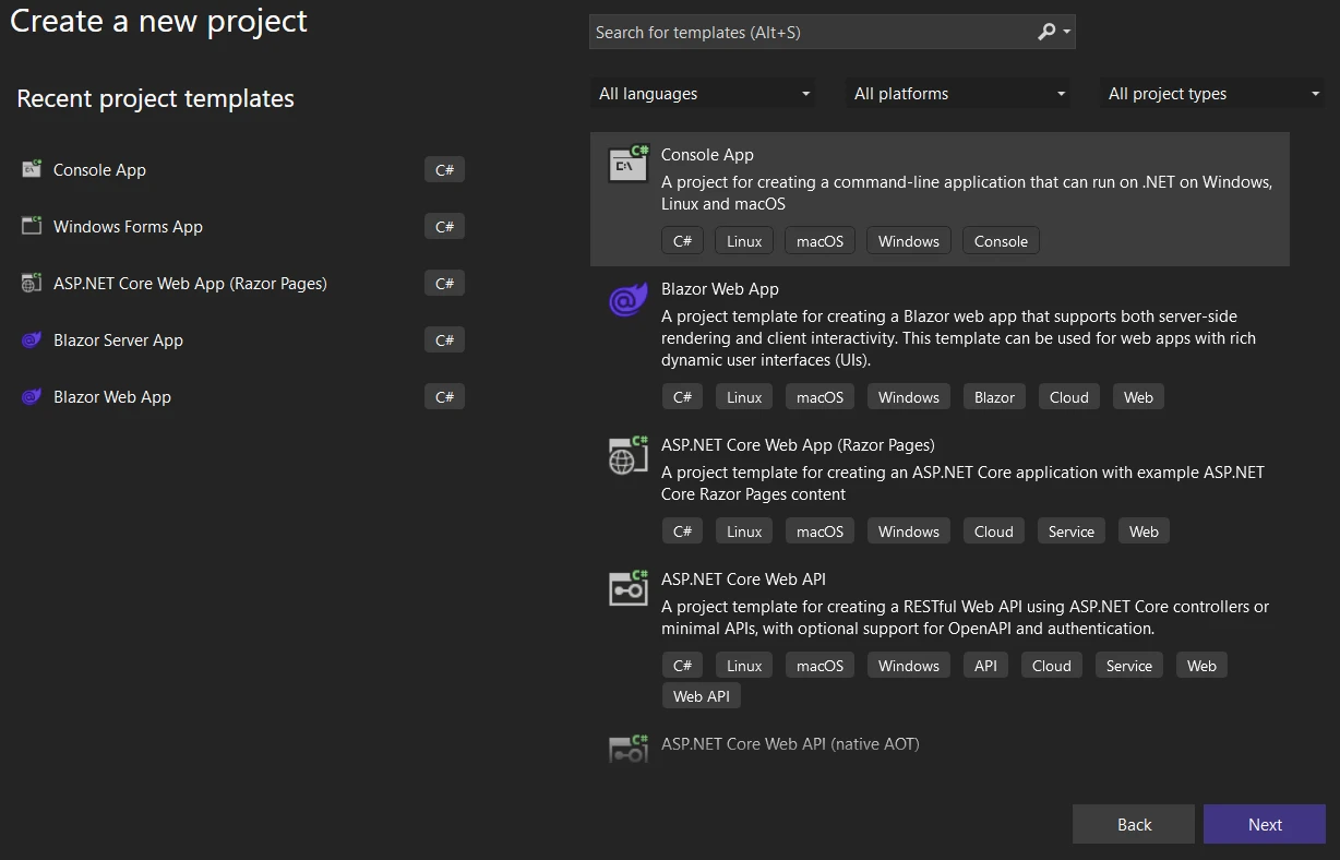 A Comparsion Between Report .NET & IronPDF: Figure 2 - Next, choose the "Console App" project type in C# programming language.