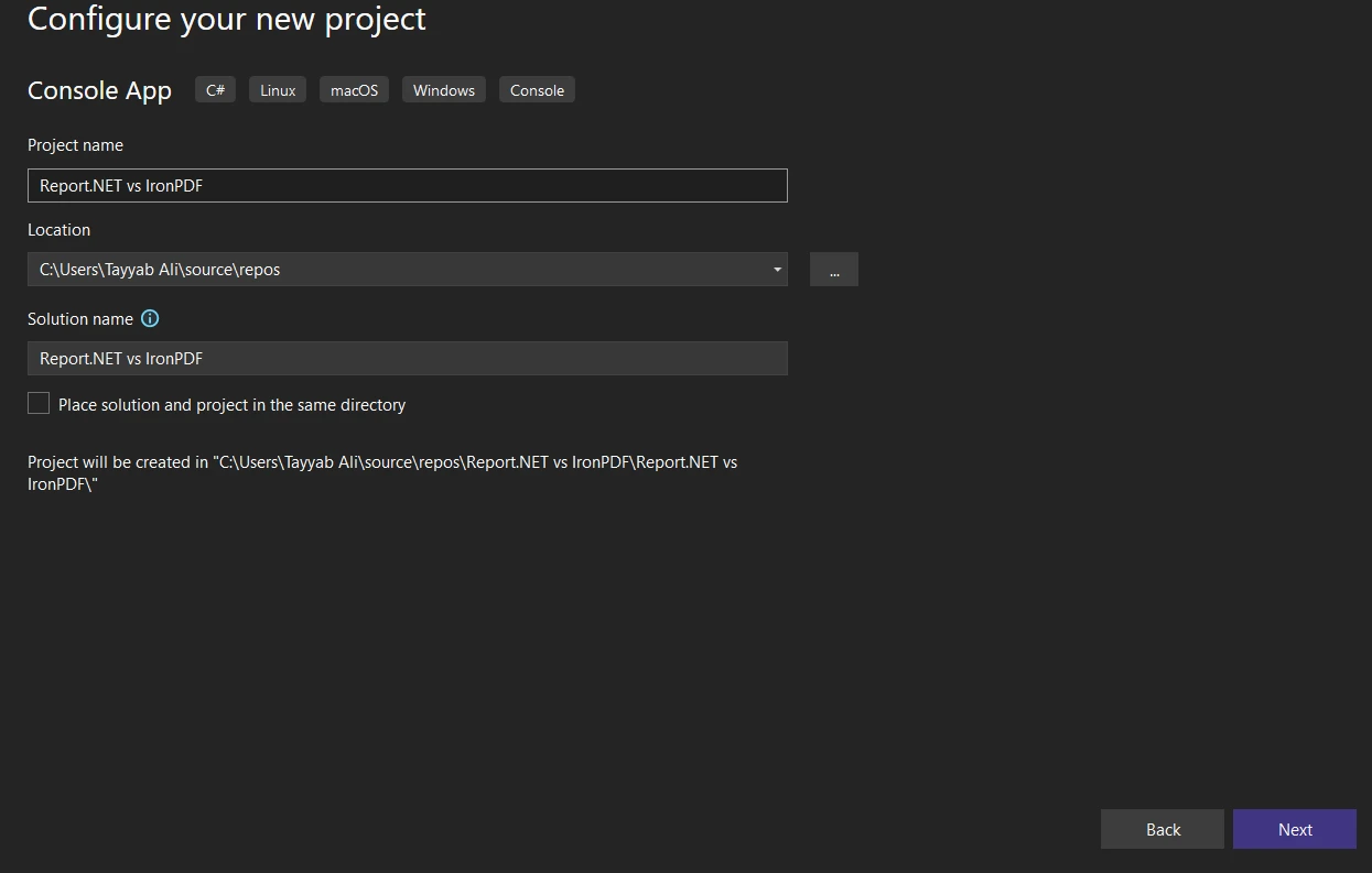 A Comparsion Between Report .NET & IronPDF: Figure 3 - Specify the project name and location for the Console App project. By default the Solution name is same as the Project name, but you may change it.