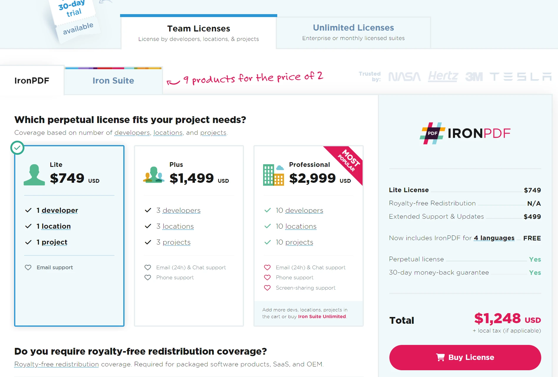 Requests Python (How It Works For Developers): Figure 3 - IronPDF licensing page