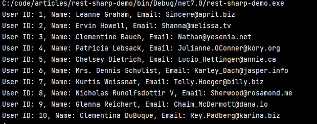 RestSharp C# (How It Works For Developer): Figure 1 - Console Output displaying all the User IDs and Names.