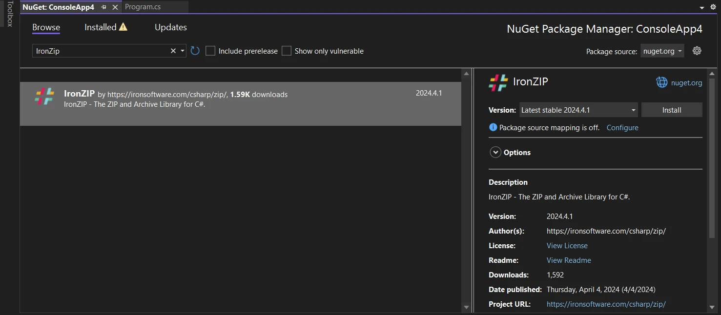 Sharpziplib Extract ZIP C# (How It Works For Developers): Figure 5 - Install IronZIP using the Manage NuGet Package for Solution by searching "IronZip" in the search bar of NuGet Package Manager, then select the project and click on the Install button.