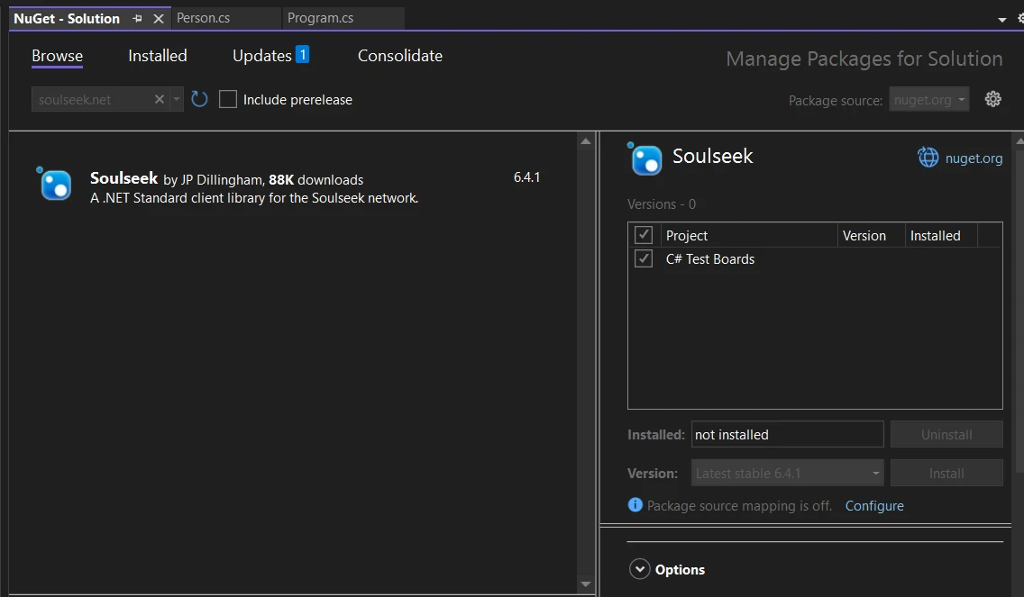 Soulseek .NET (How It Works For Developers): Figure 1 - Searching for SoulSeek using the NuGet Package Manager