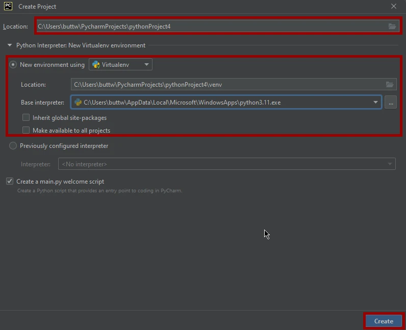 How to Split PDF Files in Python: Figure 2 - Set up your project by specifying the project location on your file system. At the end of the location path, append your project name. Next, select the Python interpreter you want to use or create a new one.